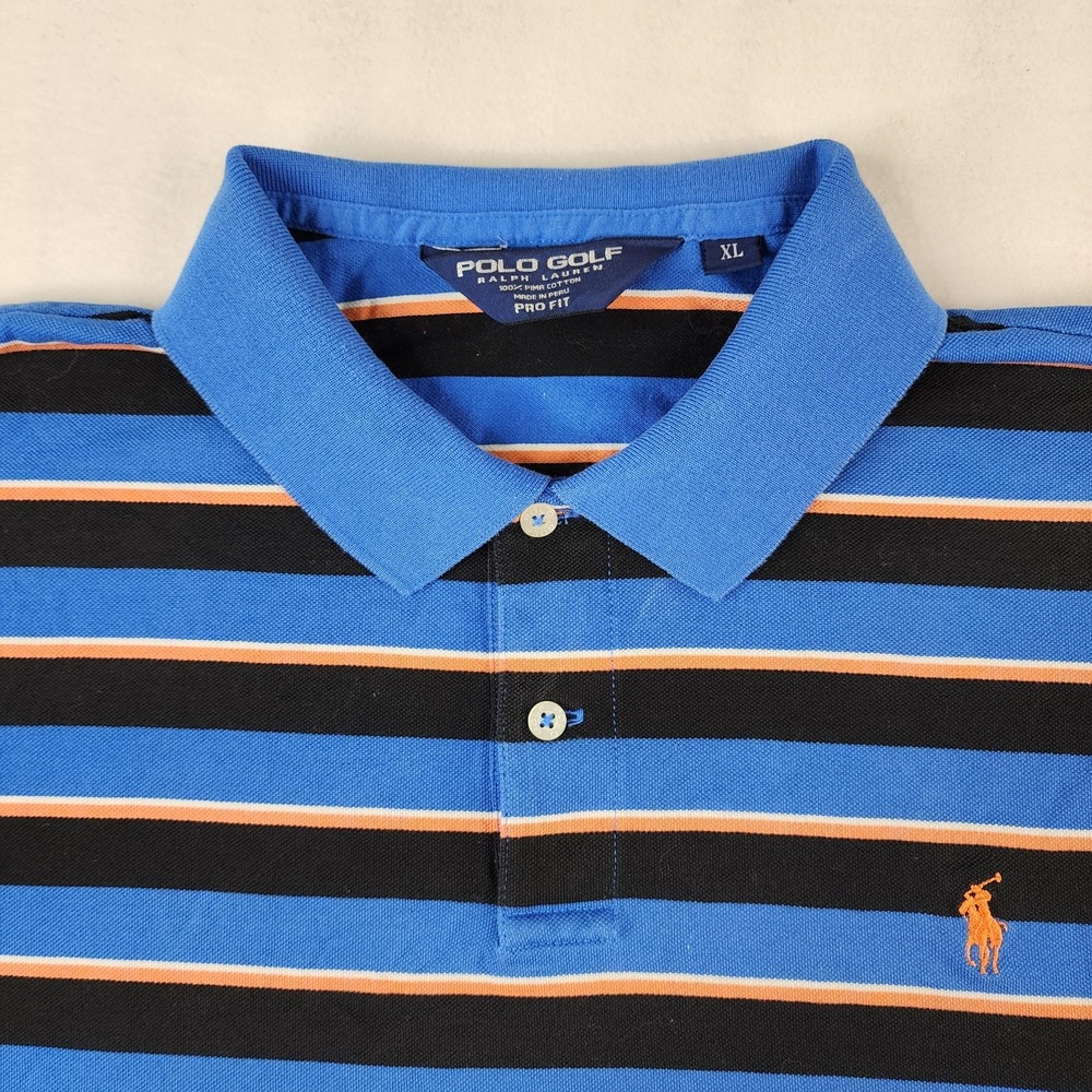 Polo Golf Ralph Lauren Mens XL Blue Black Orange Stripe Pima Cotton Polo Shirt